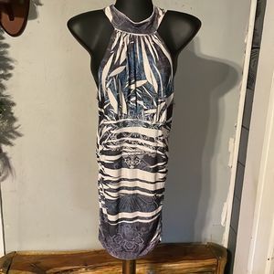 Medium Dots blue gray white print sleeveless ruched stretch pullover maxi dress